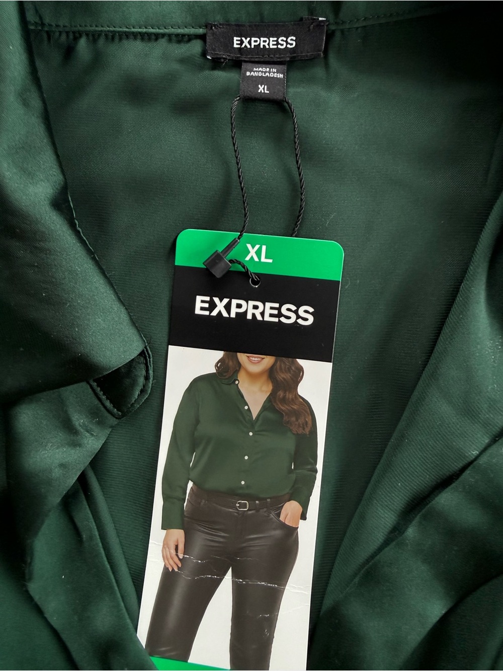 Express Women's Dark Green Satin Button-Up Blouse - Picture 4 of 12